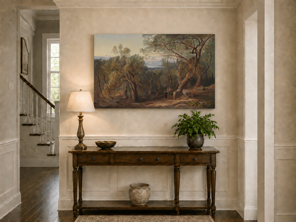 Hand-painted Mediterranean woodland, bay, fortress and figures landscape oil painting displayed above a console table in a hallway interior.