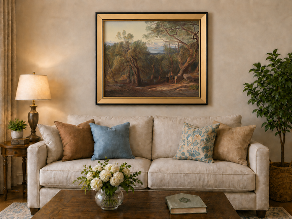 Hand-painted Mediterranean woodland, bay, fortress and figures landscape oil painting displayed above a sofa in a living room interior.