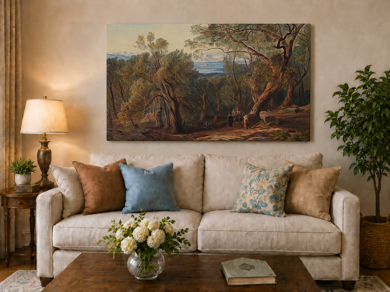 Hand-painted Mediterranean woodland, bay, fortress and figures landscape oil painting displayed above a sofa in a living room interior.
