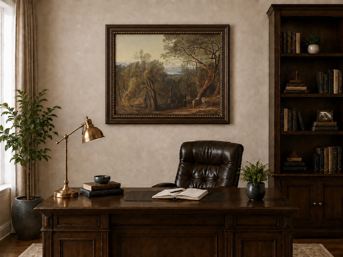 Hand-painted Mediterranean woodland, bay, fortress and figures landscape oil painting displayed above a desk in a home office interior.