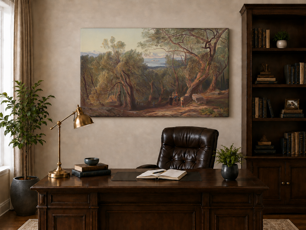 Hand-painted Mediterranean woodland, bay, fortress and figures landscape oil painting displayed above a desk in a home office interior.