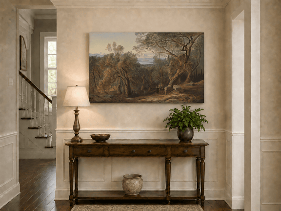 Hand-painted Mediterranean woodland, bay, fortress and figures landscape oil painting displayed above a console table in a hallway interior.
