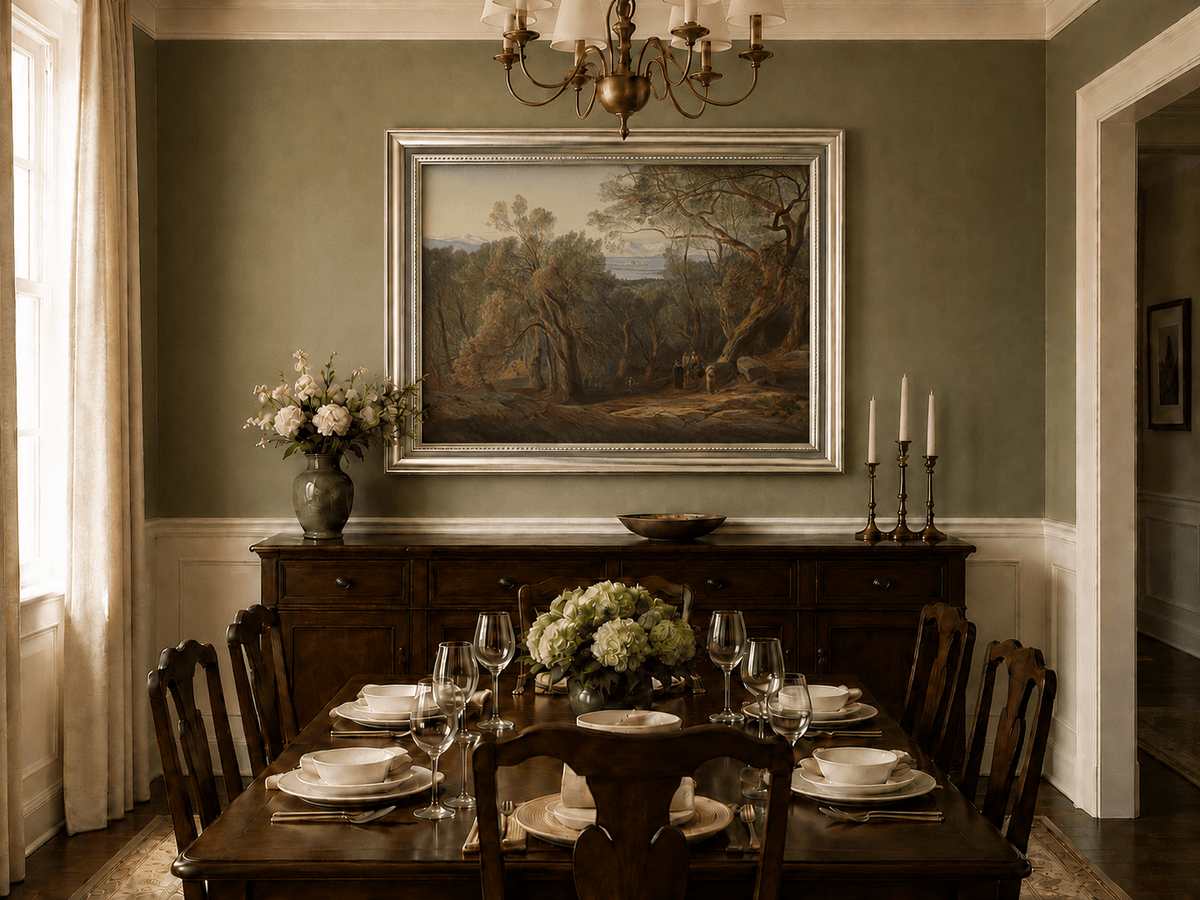 Hand-painted Mediterranean woodland, bay, fortress and figures landscape oil painting displayed in a dining room interior.