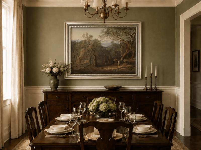 Hand-painted Mediterranean woodland, bay, fortress and figures landscape oil painting displayed in a dining room interior.