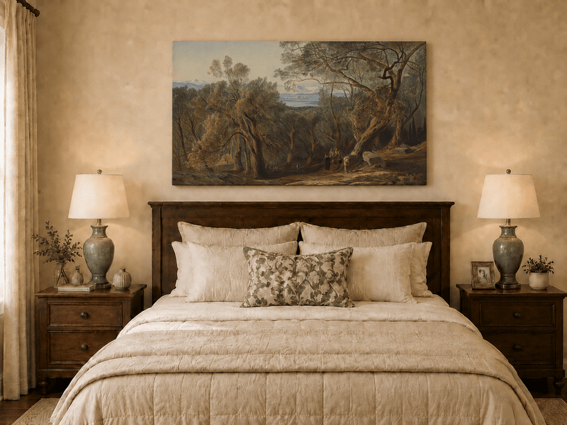 Hand-painted Mediterranean woodland, bay, fortress and figures landscape oil painting displayed above a bed in a bedroom interior.
