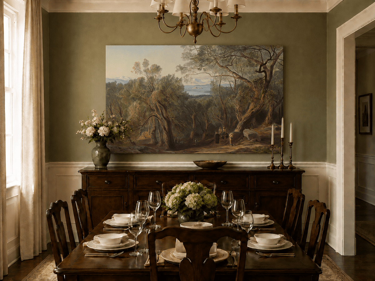 Hand-painted Mediterranean woodland, bay, fortress and figures landscape oil painting displayed in a dining room interior.