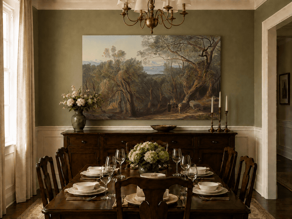 Hand-painted Mediterranean woodland, bay, fortress and figures landscape oil painting displayed in a dining room interior.