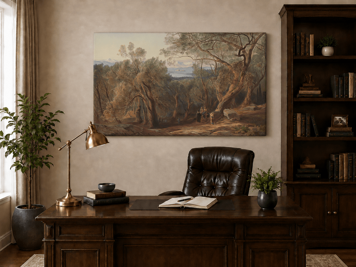 Hand-painted Mediterranean woodland, bay, fortress and figures landscape oil painting displayed above a desk in a home office interior.