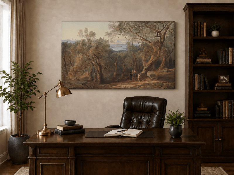 Hand-painted Mediterranean woodland, bay, fortress and figures landscape oil painting displayed above a desk in a home office interior.