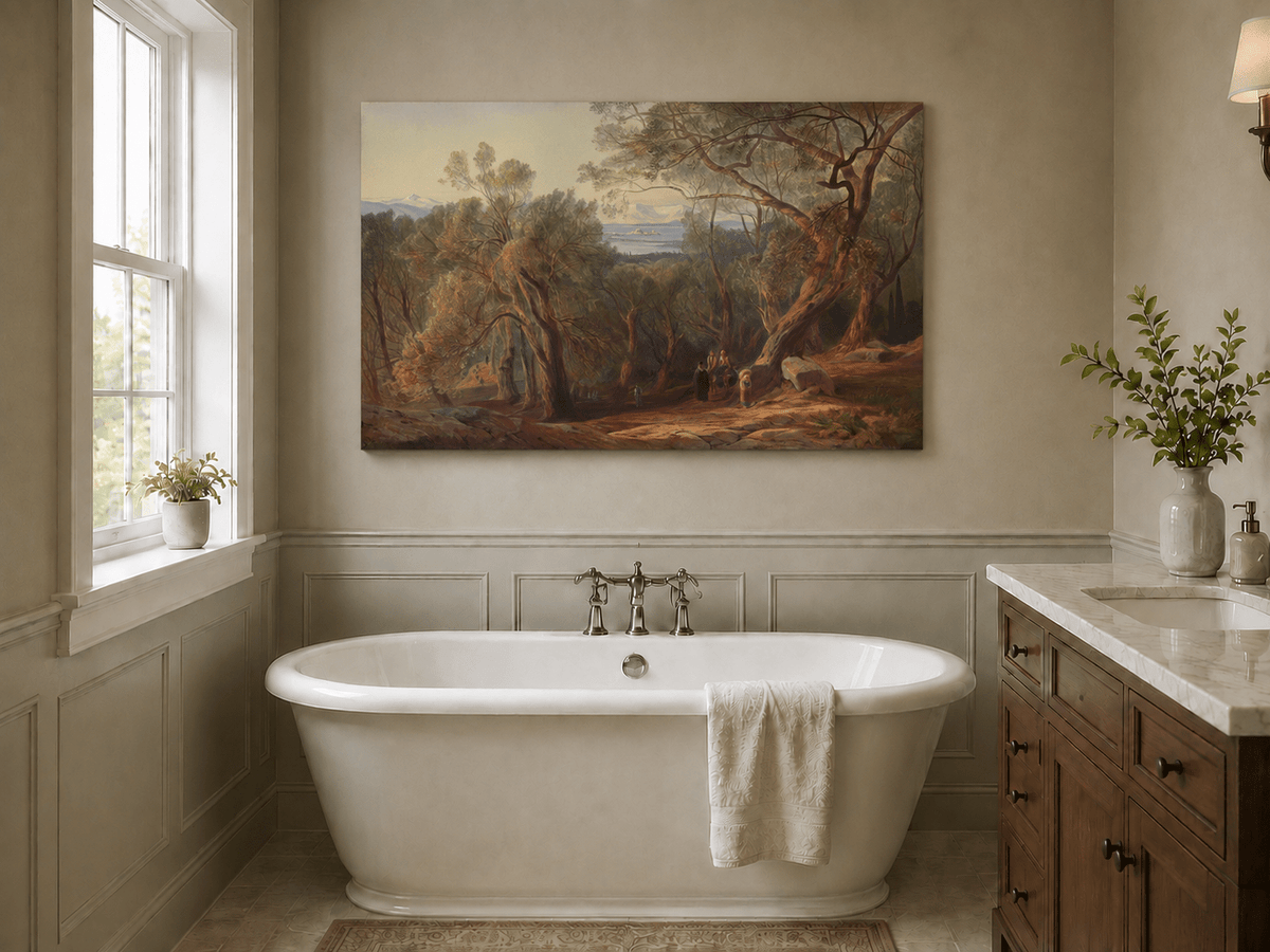 Hand-painted Mediterranean woodland, bay, fortress and figures landscape oil painting displayed in a bathroom interior above a bathtub.