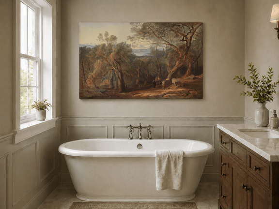 Hand-painted Mediterranean woodland, bay, fortress and figures landscape oil painting displayed in a bathroom interior above a bathtub.