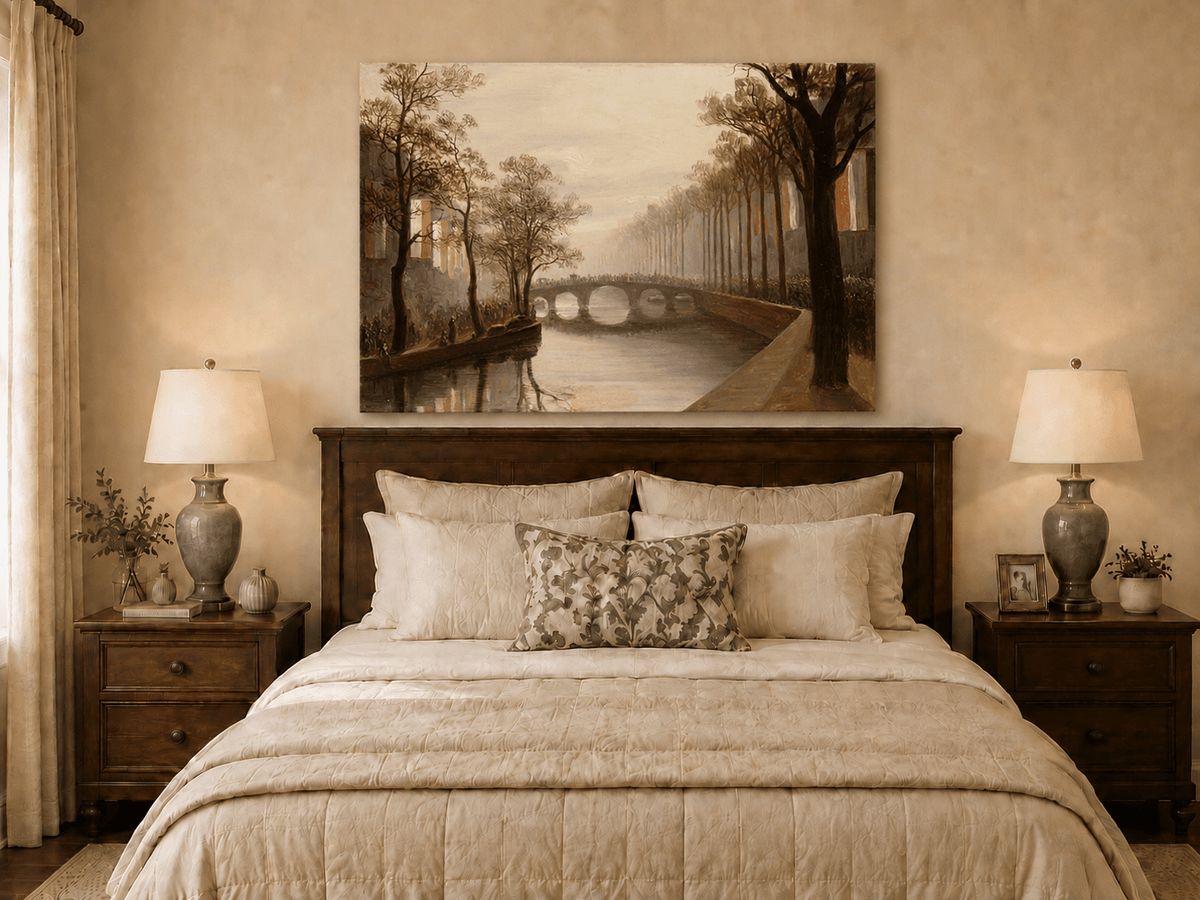 Landscape Oil Painting - Misty Amsterdam Canal with Arched Bridge