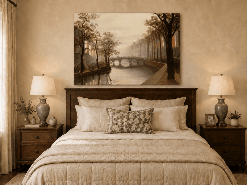 Landscape Oil Painting - Misty Amsterdam Canal with Arched Bridge