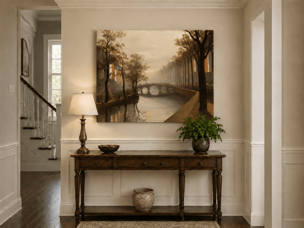 Landscape Oil Painting - Misty Amsterdam Canal with Arched Bridge
