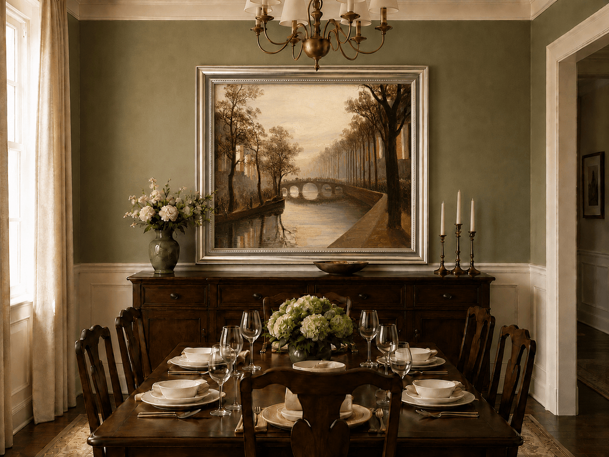 Landscape Oil Painting - Misty Amsterdam Canal with Arched Bridge