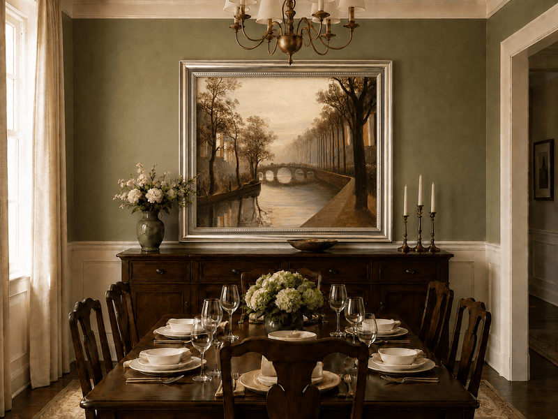 Landscape Oil Painting - Misty Amsterdam Canal with Arched Bridge