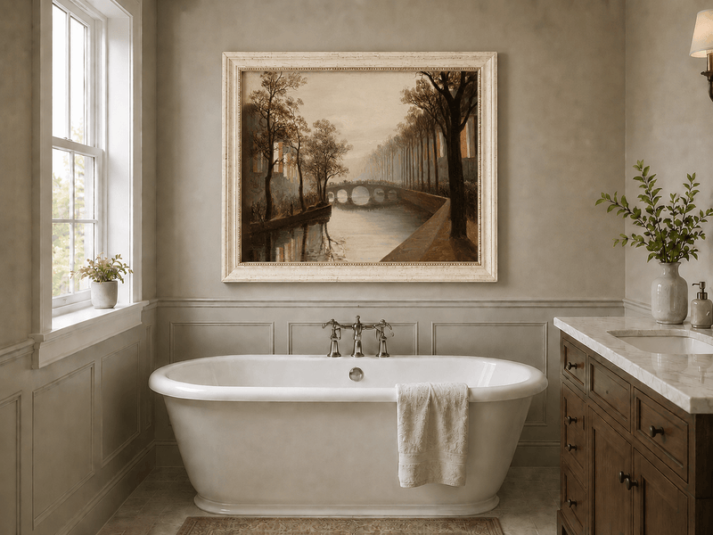 Landscape Oil Painting - Misty Amsterdam Canal with Arched Bridge