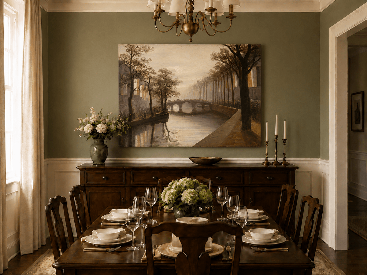 Landscape Oil Painting - Misty Amsterdam Canal with Arched Bridge