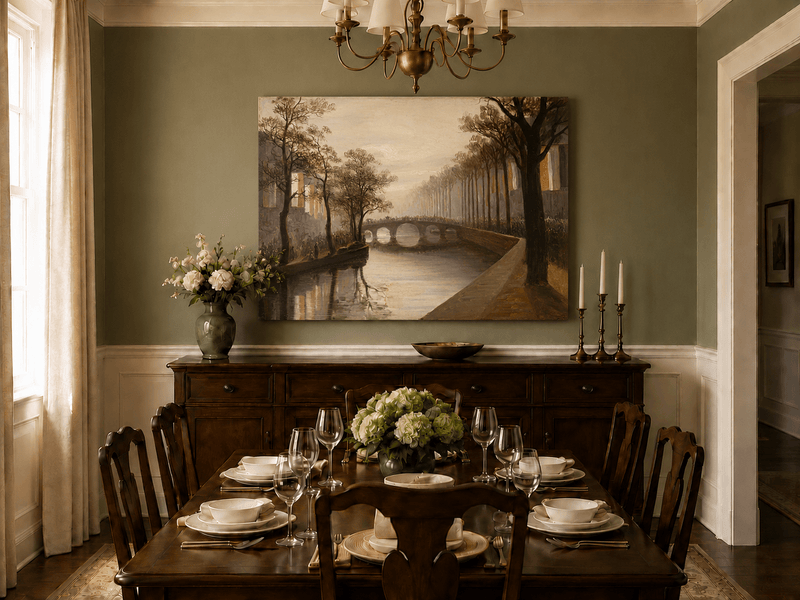 Landscape Oil Painting - Misty Amsterdam Canal with Arched Bridge