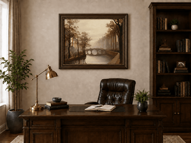 Landscape Oil Painting - Misty Amsterdam Canal with Arched Bridge