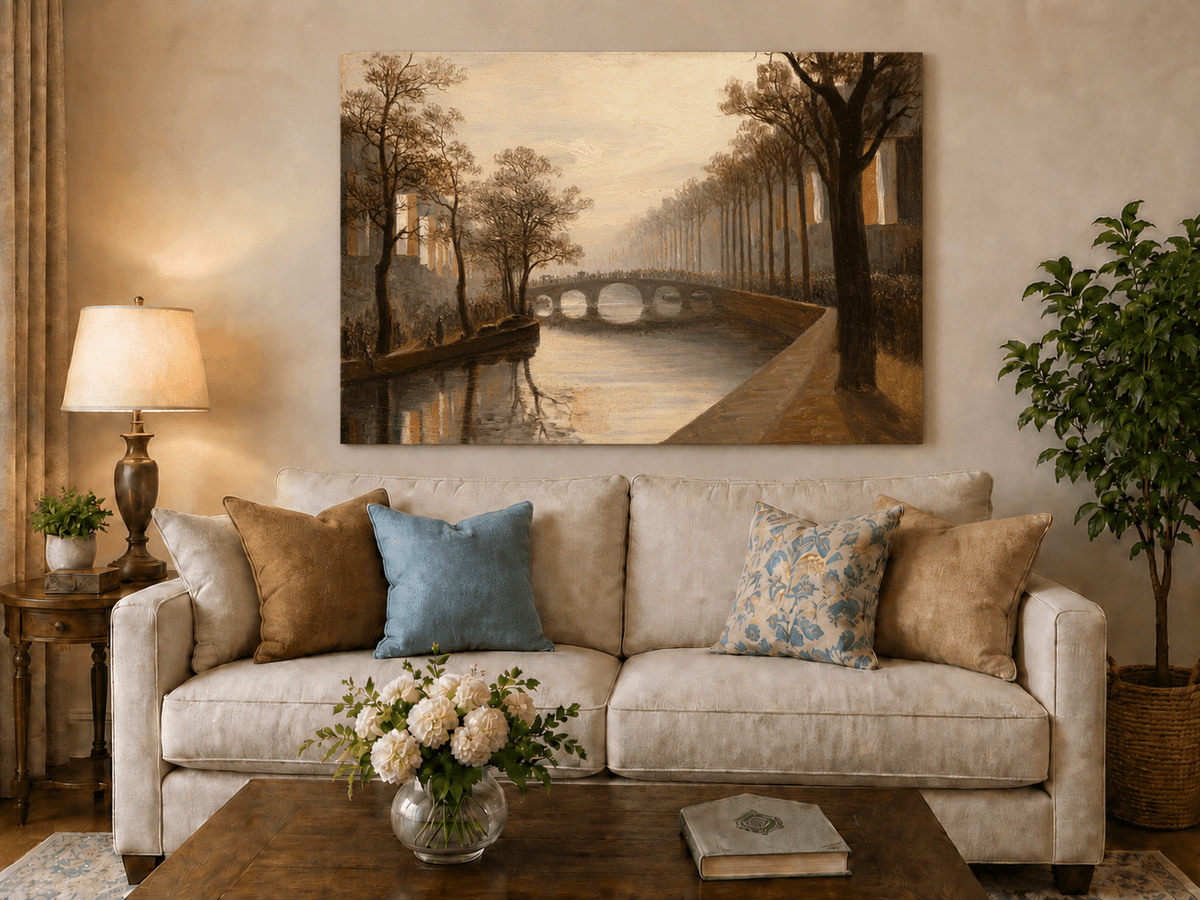 Landscape Oil Painting - Misty Amsterdam Canal with Arched Bridge