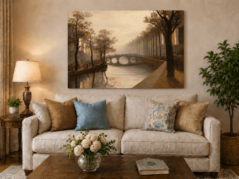 Landscape Oil Painting - Misty Amsterdam Canal with Arched Bridge