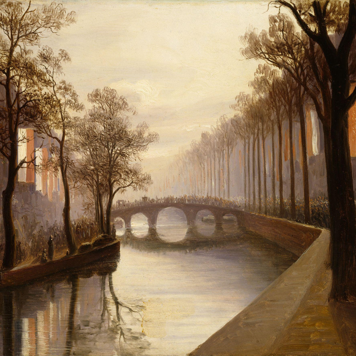 Landscape Oil Painting - Misty Amsterdam Canal with Arched Bridge - Oil Painting Haven