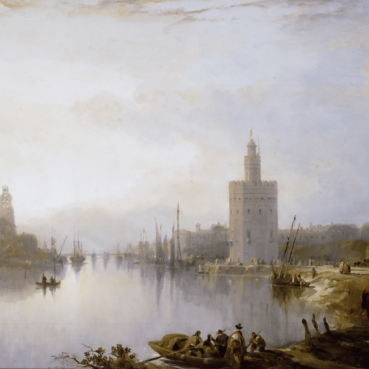 Landscape Oil Painting - Misty Harbor View with Tower Reflections - Oil Painting Haven
