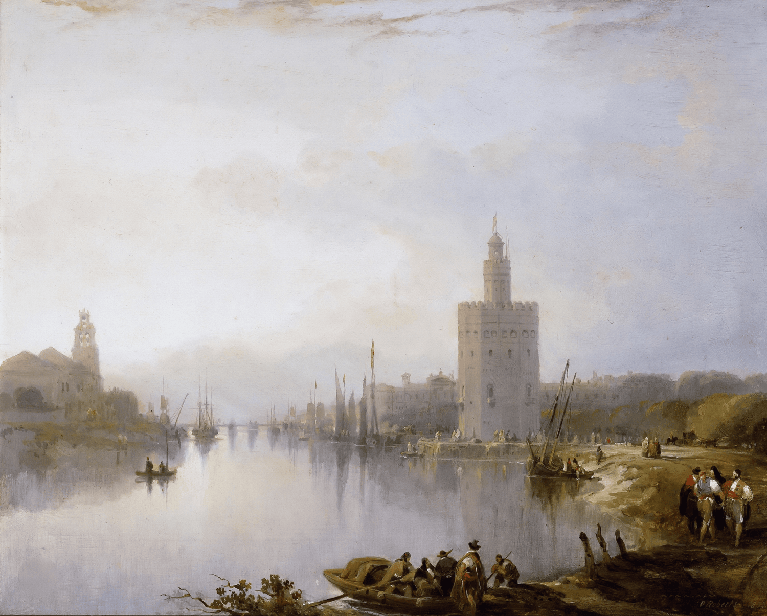 Hand-painted misty harbor view with tower reflections landscape oil painting on canvas