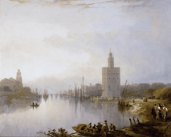 Landscape Oil Painting - Misty Harbor View with Tower Reflections - Oil Painting Haven