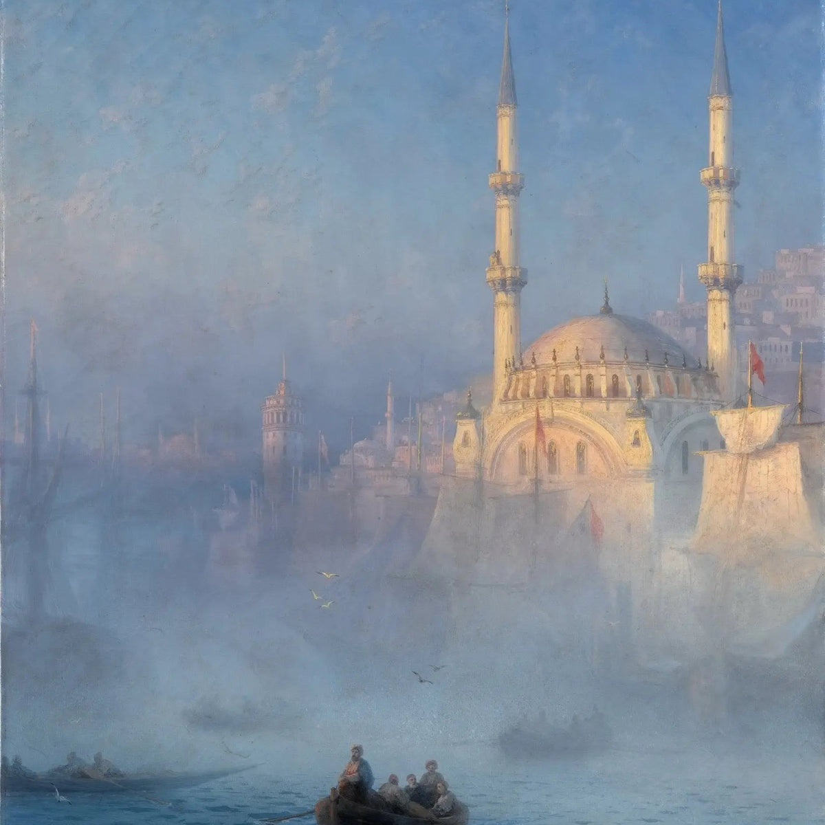 Landscape Oil Painting - Misty Harbor with Mosque and Boats Wall Art - Oil Painting Haven