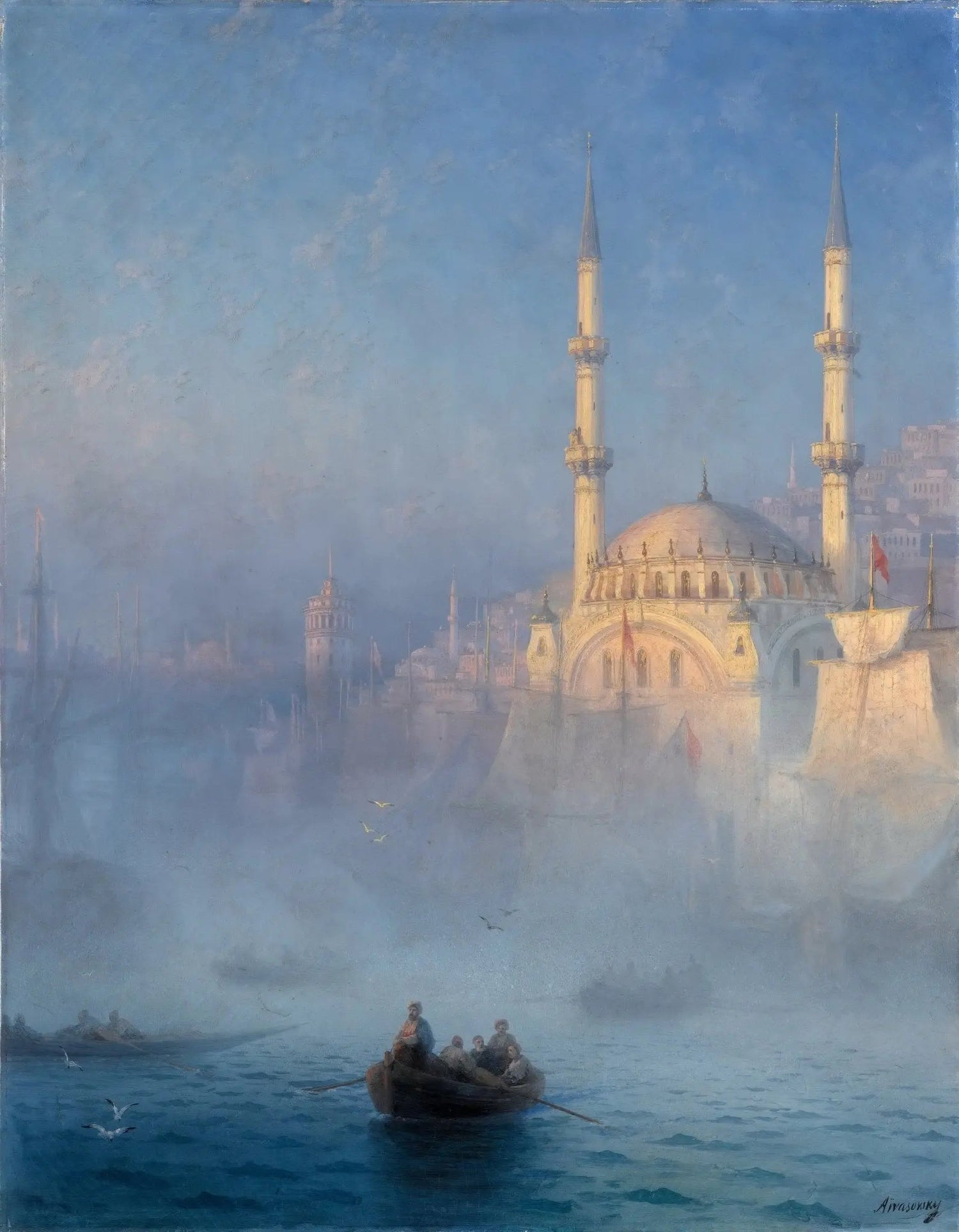 Landscape Oil Painting - Misty Harbor with Mosque and Boats Wall Art - Oil Painting Haven