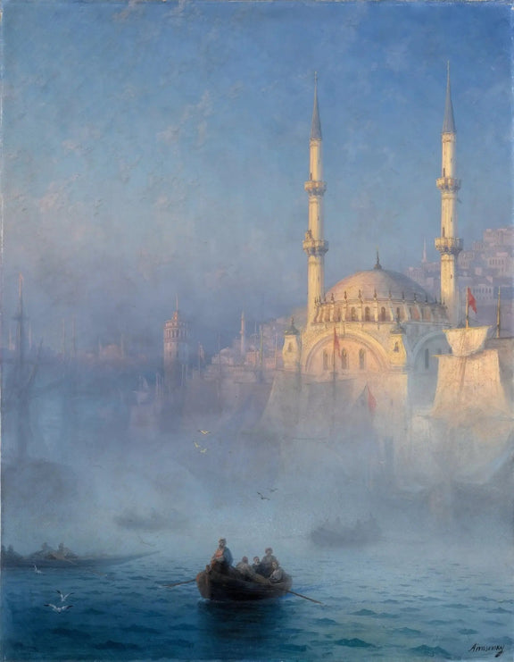 Landscape Oil Painting - Misty Harbor with Mosque and Boats Wall Art - Oil Painting Haven