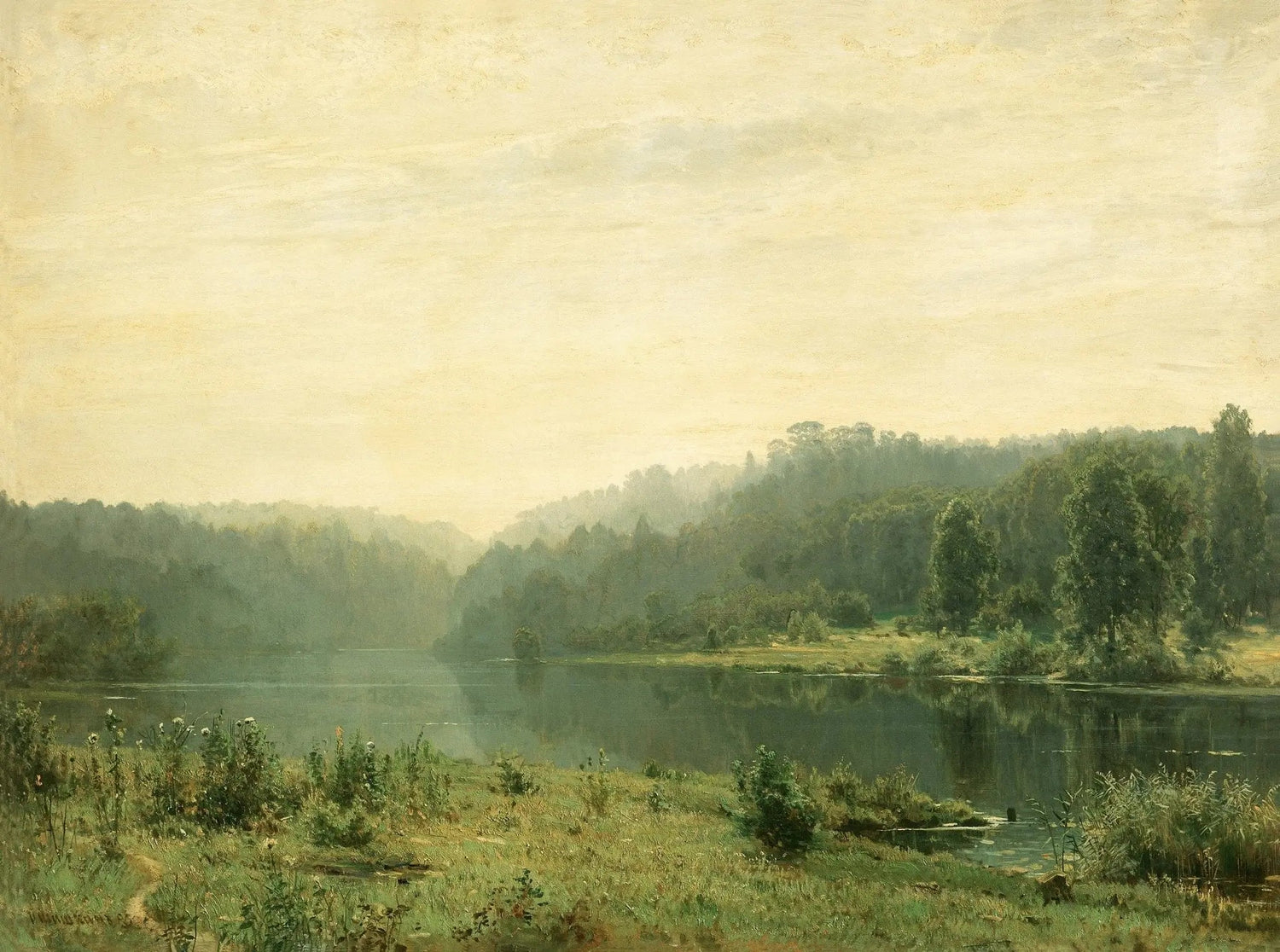 Landscape Oil Painting - Misty Lake and Forest Scene Wall Art - Oil Painting Haven