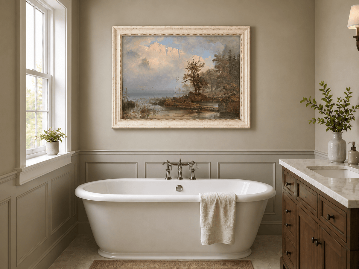 Landscape Oil Painting - Misty Lake with Lone Tree and Cliffs