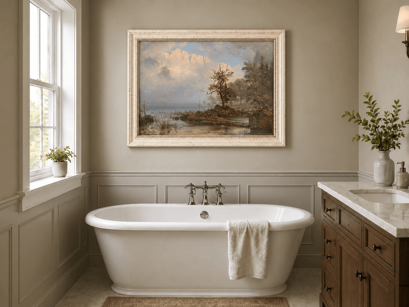 Landscape Oil Painting - Misty Lake with Lone Tree and Cliffs