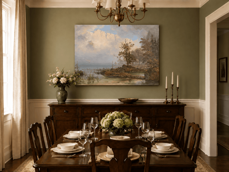 Landscape Oil Painting - Misty Lake with Lone Tree and Cliffs