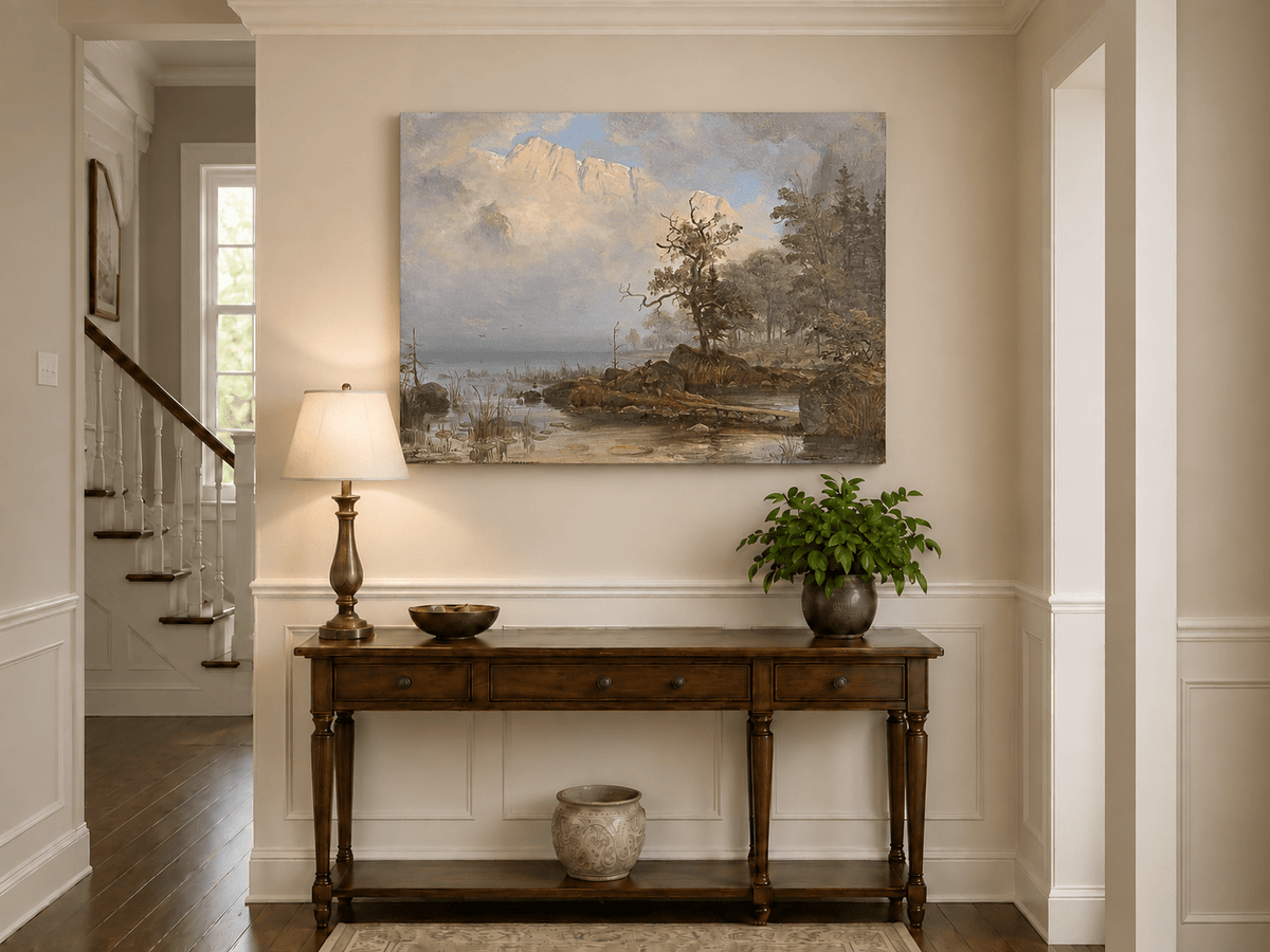 Landscape Oil Painting - Misty Lake with Lone Tree and Cliffs