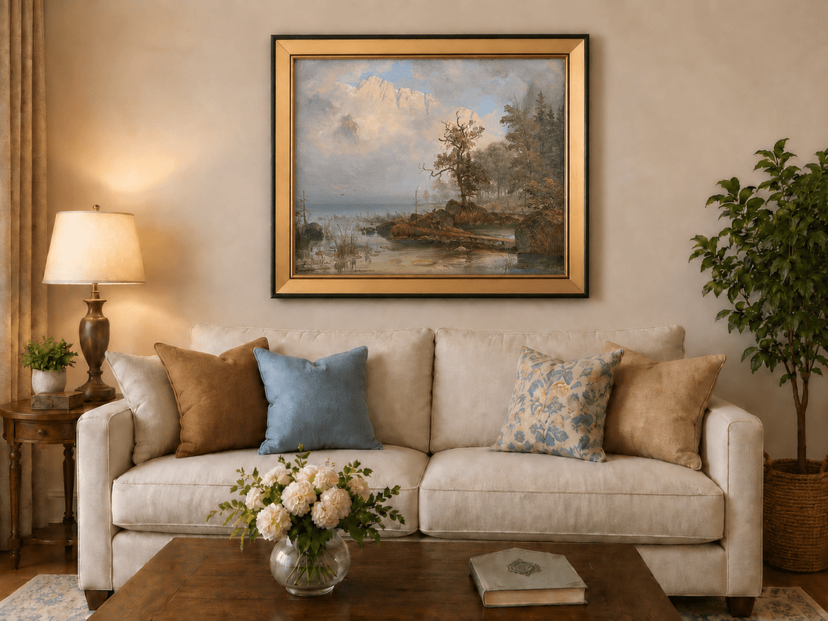 Landscape Oil Painting - Misty Lake with Lone Tree and Cliffs