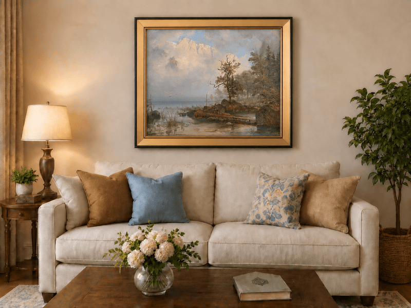 Landscape Oil Painting - Misty Lake with Lone Tree and Cliffs