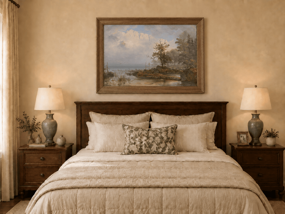 Landscape Oil Painting - Misty Lake with Lone Tree and Cliffs