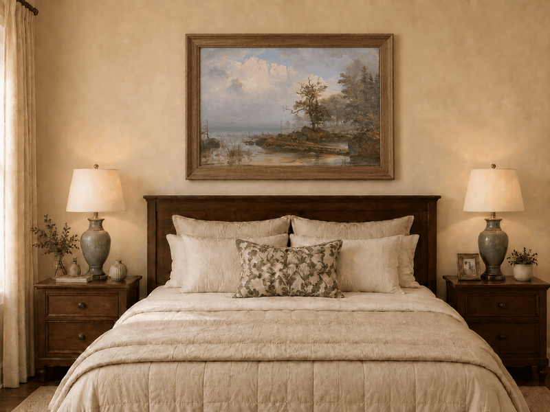 Landscape Oil Painting - Misty Lake with Lone Tree and Cliffs
