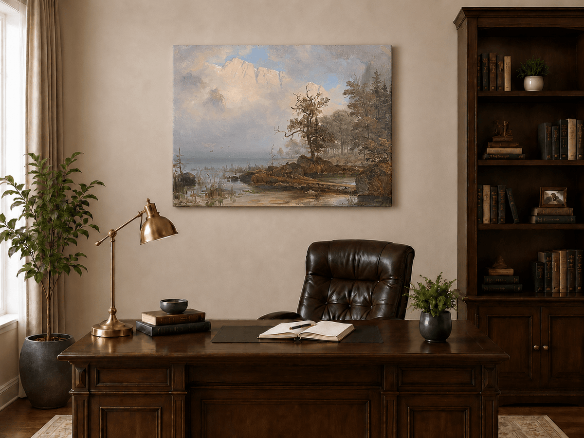 Landscape Oil Painting - Misty Lake with Lone Tree and Cliffs