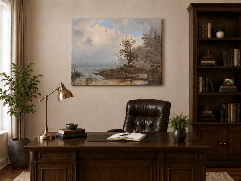 Landscape Oil Painting - Misty Lake with Lone Tree and Cliffs