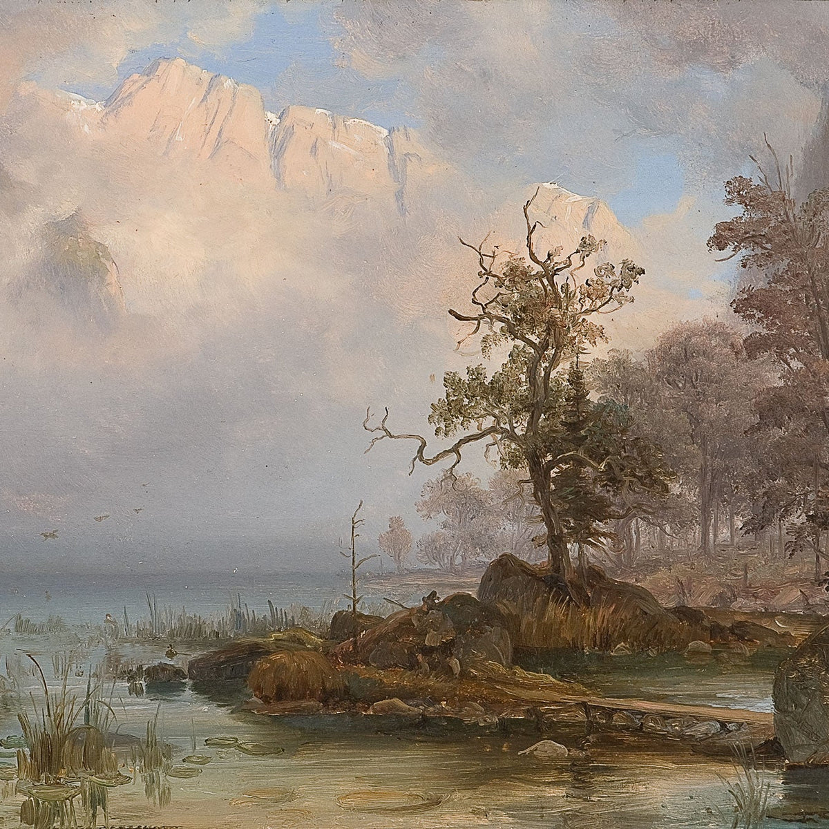 Landscape Oil Painting - Misty Lake with Lone Tree and Cliffs - Oil Painting Haven
