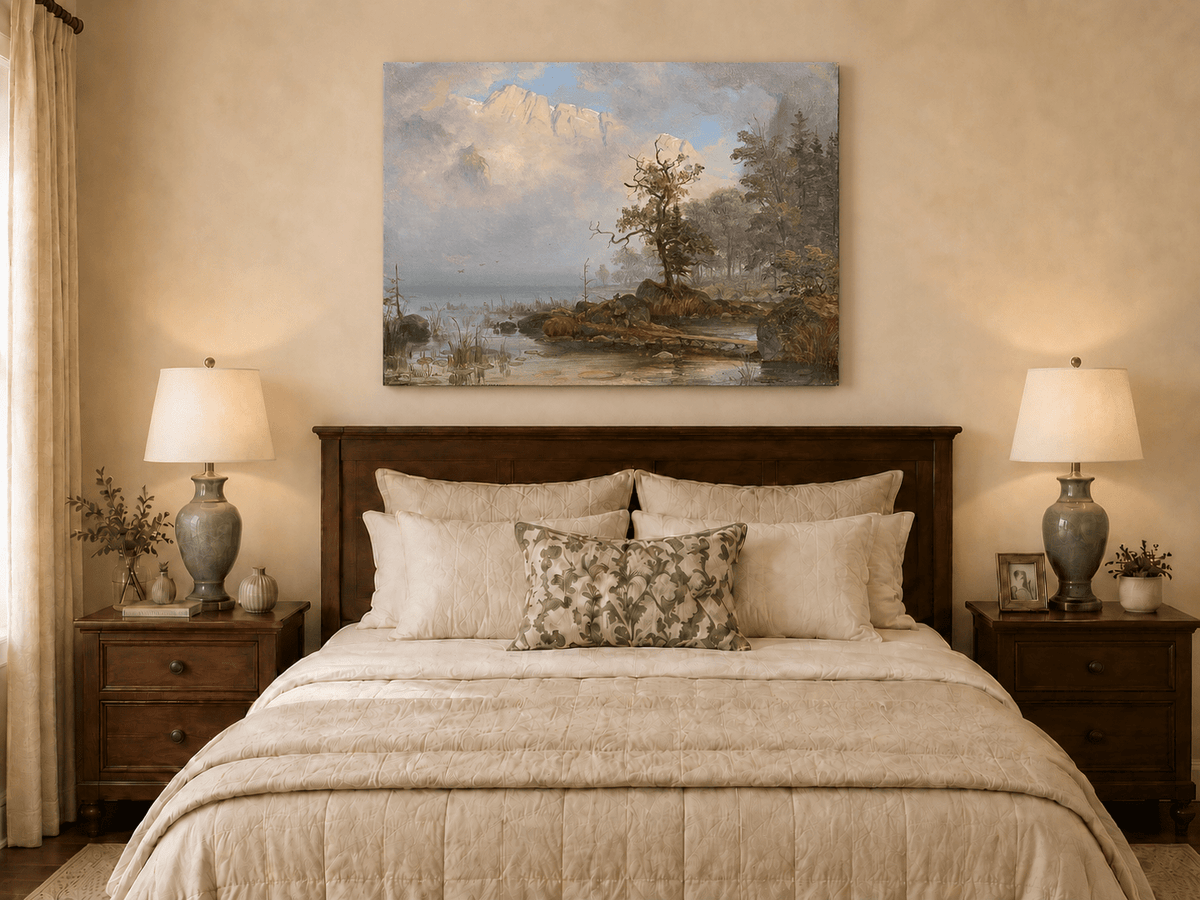 Landscape Oil Painting - Misty Lake with Lone Tree and Cliffs