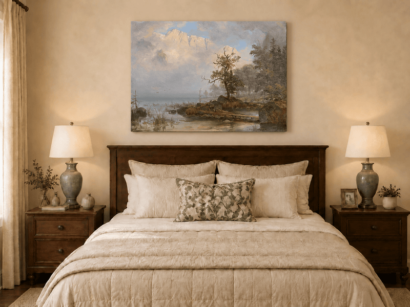 Landscape Oil Painting - Misty Lake with Lone Tree and Cliffs