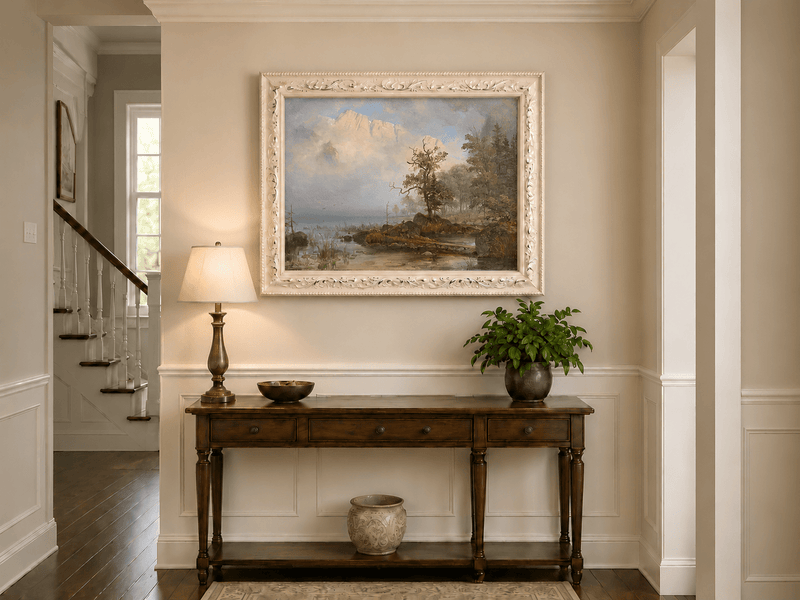 Landscape Oil Painting - Misty Lake with Lone Tree and Cliffs