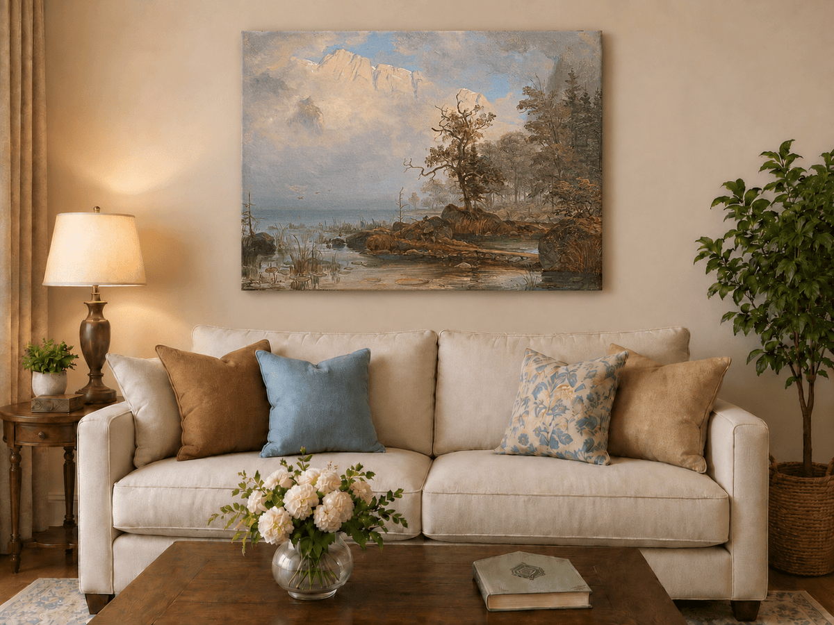 Landscape Oil Painting - Misty Lake with Lone Tree and Cliffs