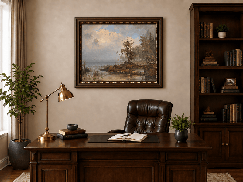 Landscape Oil Painting - Misty Lake with Lone Tree and Cliffs